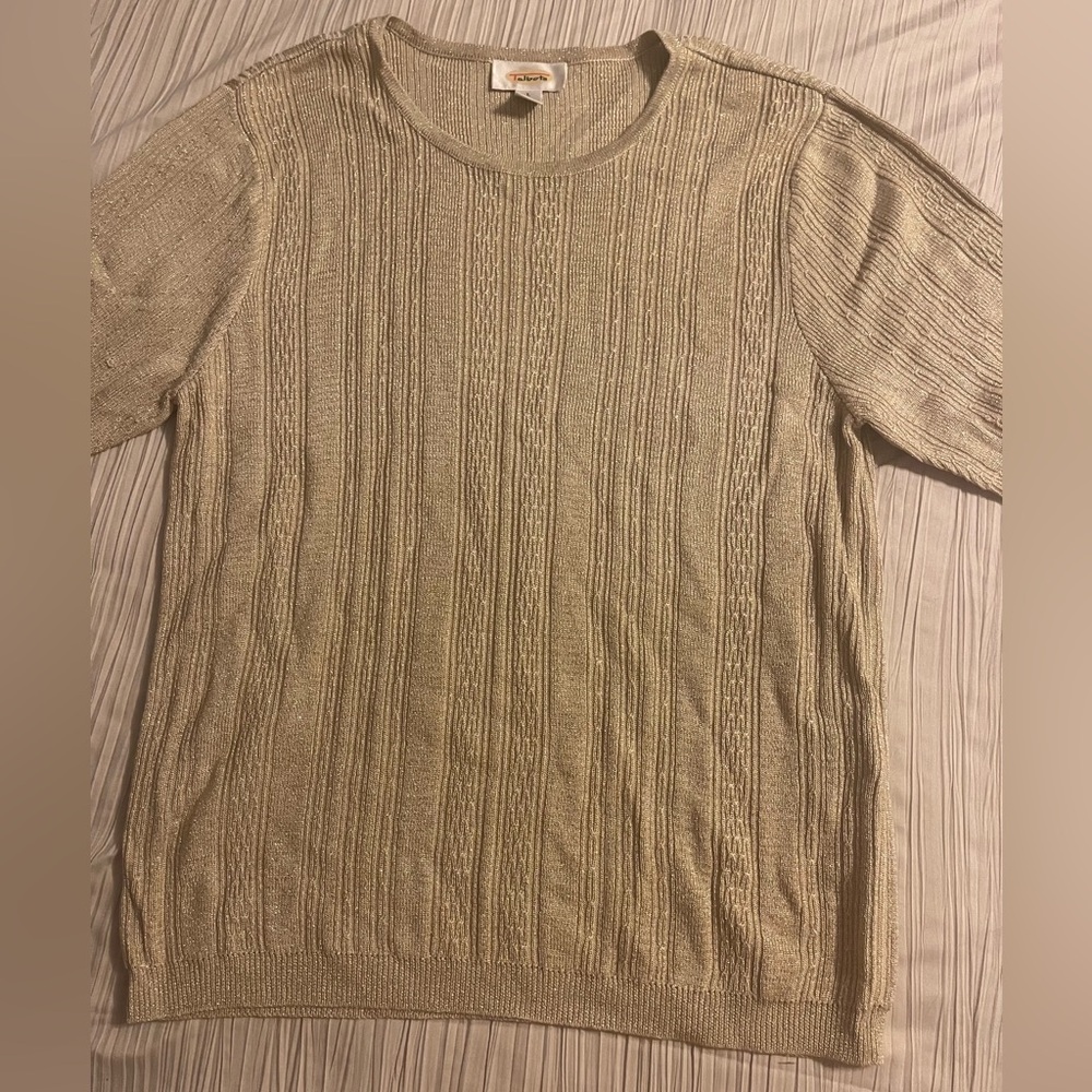 Talbots ladies sweater, beige, gold, short sleeve sparkle size large‎